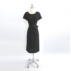 Vintage 50's Black Knit Ribbon Dress & Taffeta Rosette M