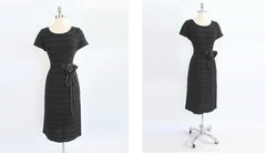 Vintage 50's Black Knit Ribbon Dress & Taffeta Rosette M