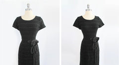 Vintage 50's Black Knit Ribbon Dress & Taffeta Rosette M