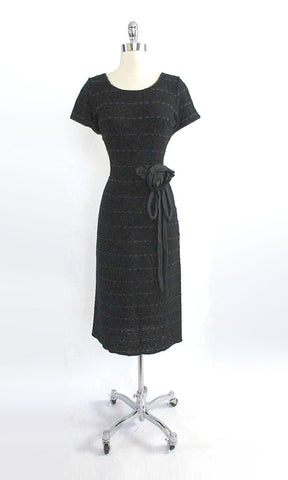 Vintage 50's Black Knit Ribbon Dress & Taffeta Rosette M