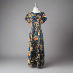 Vintage 60s Blue & Gold Watteau Pleat Hawaiian Maxi Dress 1X XXL