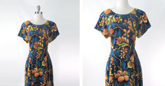 Vintage 60s Blue & Gold Watteau Pleat Hawaiian Maxi Dress 1X XXL