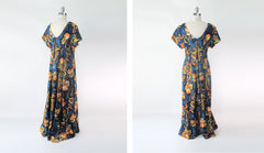 Vintage 60s Blue & Gold Watteau Pleat Hawaiian Maxi Dress 1X XXL