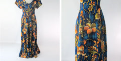 Vintage 60s Blue & Gold Watteau Pleat Hawaiian Maxi Dress 1X XXL