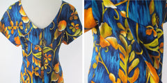 Vintage 60s Blue & Gold Watteau Pleat Hawaiian Maxi Dress 1X XXL
