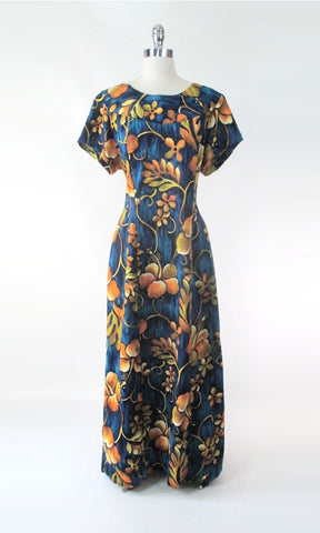 Vintage 60s Blue & Gold Watteau Pleat Hawaiian Maxi Dress 1X XXL