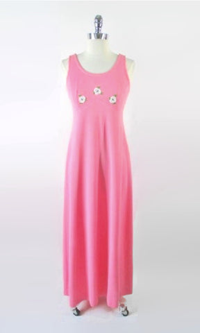 Vintage 70's Pink & White Rose Maxi Dress S