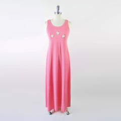 Vintage 70's Pink & White Rose Maxi Dress S