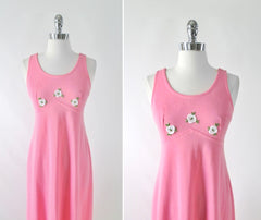 Vintage 70's Pink & White Rose Maxi Dress S