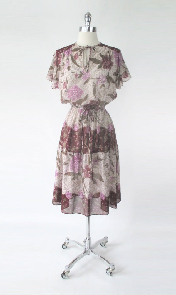 Vintage 70s Sheer Birds & Floral Midi Dress M