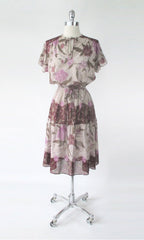 Vintage 70s Sheer Birds & Floral Midi Dress M