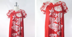 Vintage 80s Hilo Hattie Red Lilo Hawaiian Muumuu Maxi Dress S