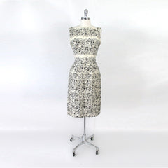 vintage 50s black white roses Anna Miller  Bill Blass sheath dress front
