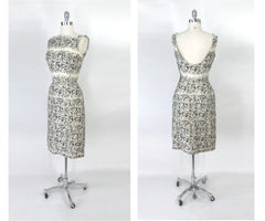 vintage 50s black white roses Anna Miller  Bill Blass sheath dress back
