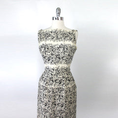vintage 50s black white roses Anna Miller  Bill Blass sheath dress bodie
