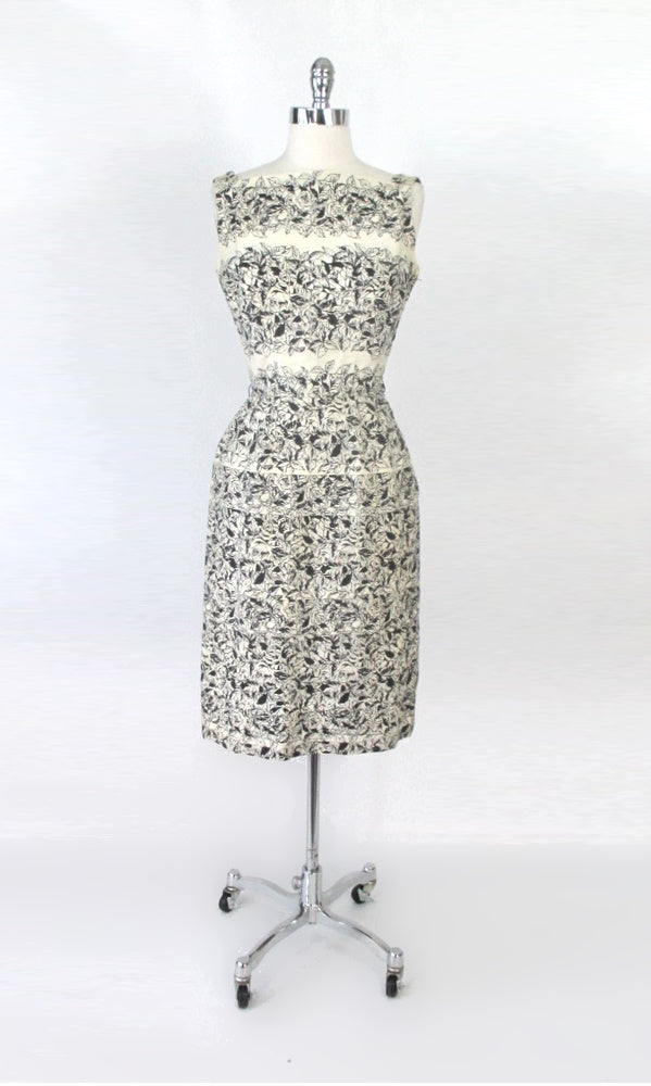 vintage 50s black white roses Anna Miller  Bill Blass sheath dress gallery