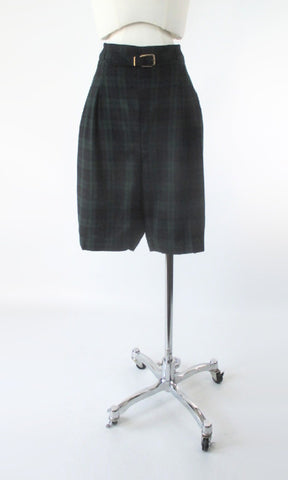 Vintage 50s Green & Blue Plaid Wool Bermuda Shorts + Belt L
