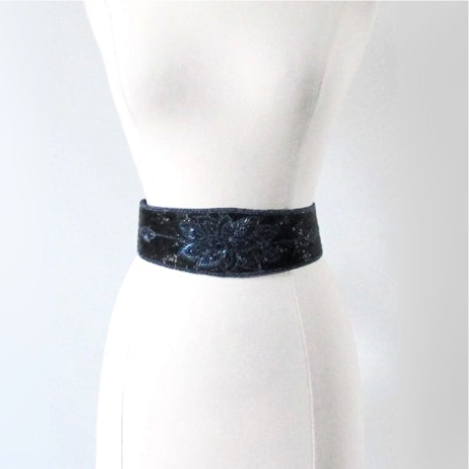 Vintage 80s Black & Blue Beaded Satin Evening Belt M / L