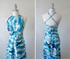 Vintage 70s Seagull Lace Up Back Maxi Hawaiian Dress | Gown XS