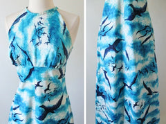 Vintage 70s Seagull Lace Up Back Maxi Hawaiian Dress | Gown XS