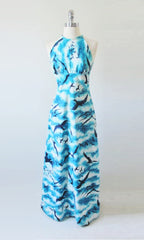 Vintage 70s Seagull Lace Up Back Maxi Hawaiian Dress | Gown XS