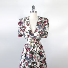 Vintage 80s Rose Garden Tea Dress & Matching Belt L P