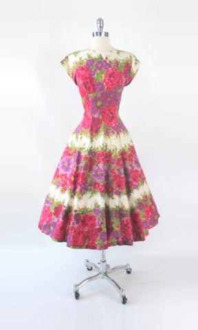 Vintage 50s Pink Purple Floral Fit & Flare Day Dress M | S