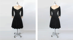 Vintage 40's 50s Black Velvet & Crochet Lace Dress M
