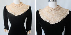 Vintage 40's 50s Black Velvet & Crochet Lace Dress M