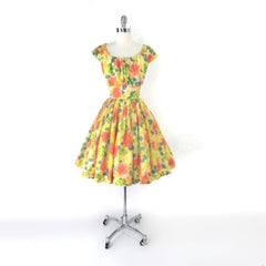 vintage 50s 60s full skirt roses yellow special occasion party summer fit flare dress front