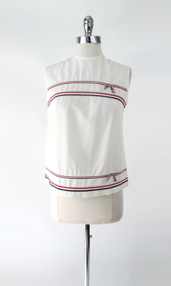 Vintage 60s 50s Red White Blue Ribbon Shell Top M