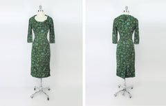 Vintage 50s Green Floral 3D Roses Wiggle | Party Dress XS | As-Is