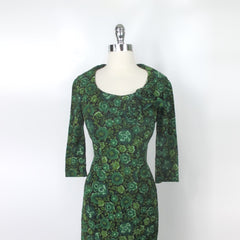 Vintage 50s Green Floral 3D Roses Wiggle | Party Dress XS | As-Is