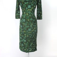 Vintage 50s Green Floral 3D Roses Wiggle | Party Dress XS | As-Is