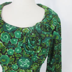 Vintage 50s Green Floral 3D Roses Wiggle | Party Dress XS | As-Is