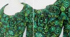 Vintage 50s Green Floral 3D Roses Wiggle | Party Dress XS | As-Is