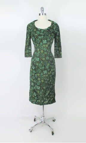 Vintage 50s Green Floral 3D Roses Wiggle | Party Dress XS | As-Is