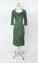 Vintage 50s Green Floral 3D Roses Wiggle | Party Dress XS | As-Is