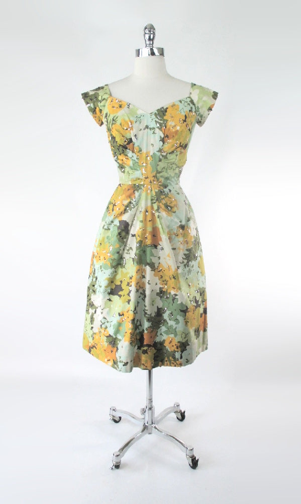 Vintage 50s Robert Morton Floral Sequins Party Dress S