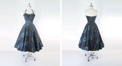 Vintage 50s Color Block Hawaiian Dress M