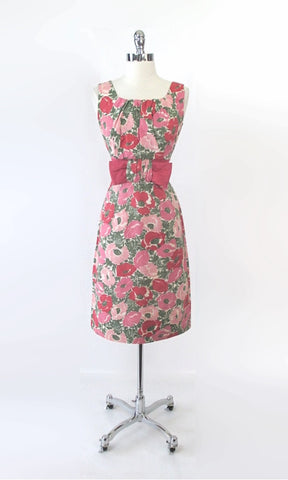 Vintage 60's 50s Pink Floral Big Bow Party Dress S
