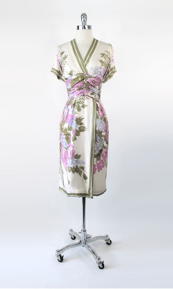 Vintage 50s Silk Scarf Flower Bouquet Sheath Dress XS
