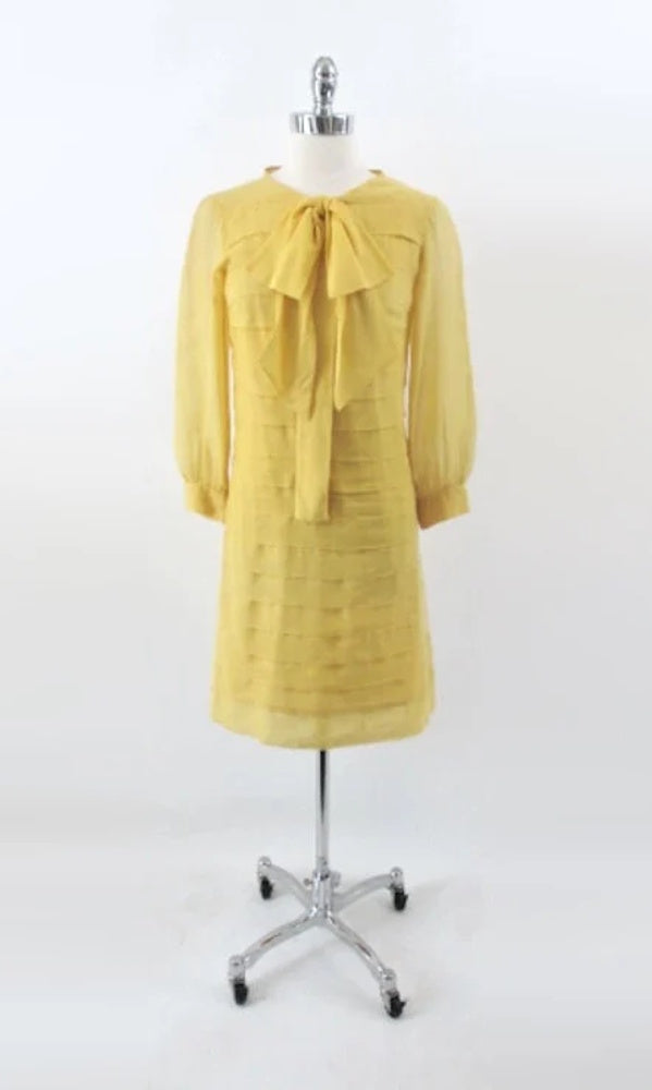 Vintage 60's Yellow Sheer Pussy Bow Shift Dress S