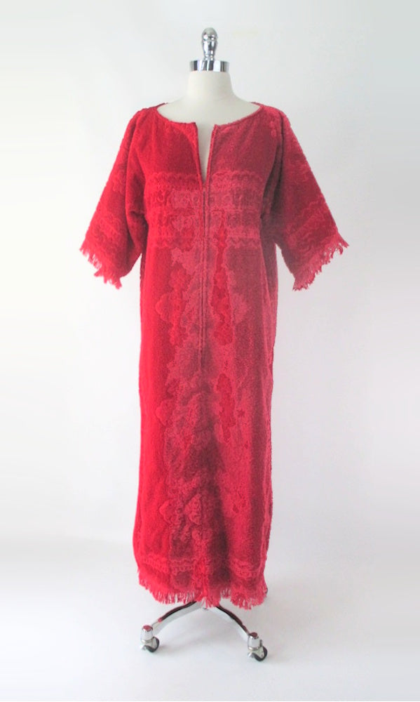 Vintage 60s Red Towel Robe Cover Up Dress M