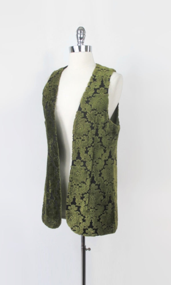 Vintage 60s Green Tapestry Velvet Hippie Vest M | L