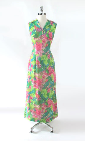 Vintage 60s Hawaiian Maxi Gown Tropical Garden Dress | S