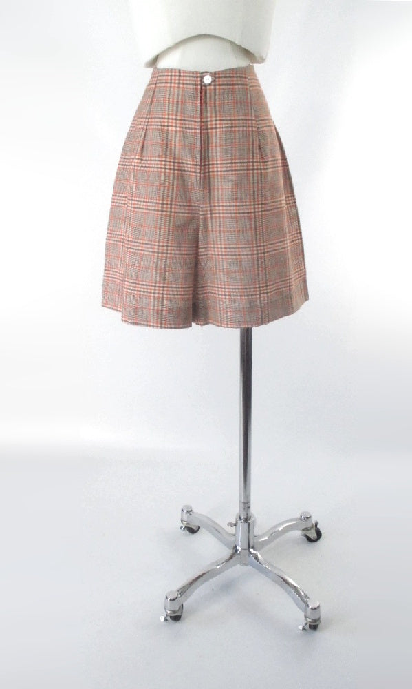 Vintage 60s Orange Brown Plaid High Waist Shorts M