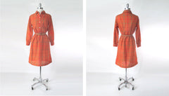 Vintage 60s Orange Plaid Wool Shirt Shift Dress L