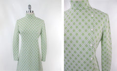 Vintage 60s Green & White Diamond MOD A-Line Dress M