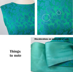 Vintage 60s Green Jacquard Shoulder Sash Hawaiian Dress | Evening Gown M